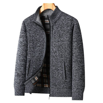Muški pleteni kardigan jakna sa stojećim ovratnikom, debeli fleksi podstava, dugi rukavi, glavna tkanina: kunić dlaka