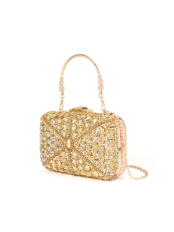 Večernja torbica s kristalima, horizontalno kvadratnog oblika, zatvara se kopčom, unutarnja džep za telefon, poliester