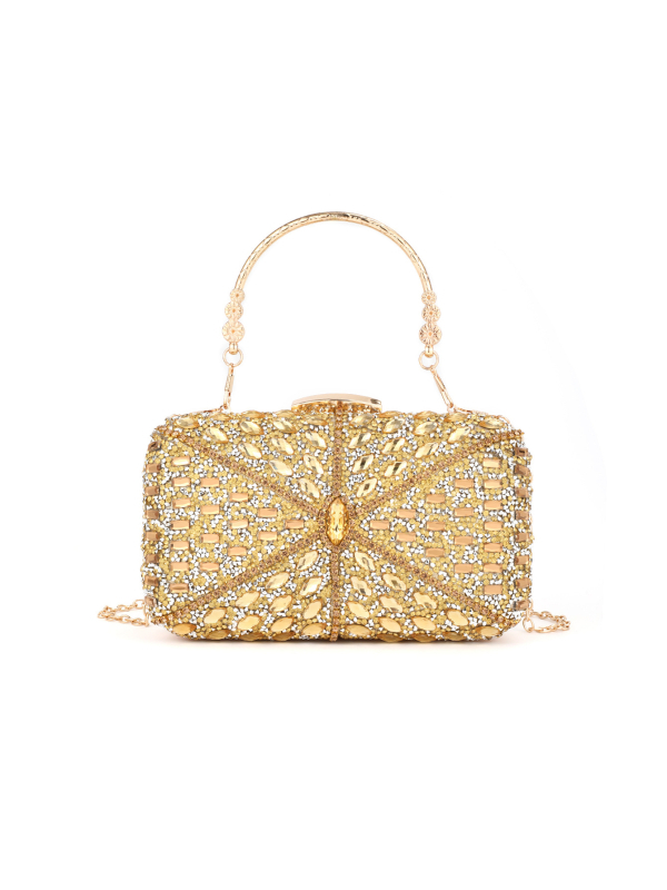 Večernja torbica s kristalima, horizontalno kvadratnog oblika, zatvara se kopčom, unutarnja džep za telefon, poliester