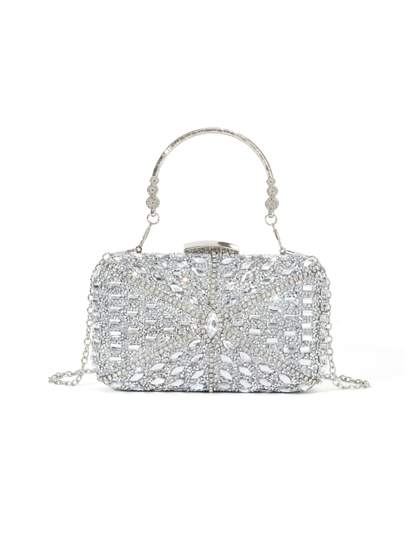 Večernja torbica s kristalima, horizontalno kvadratnog oblika, zatvara se kopčom, unutarnja džep za telefon, poliester