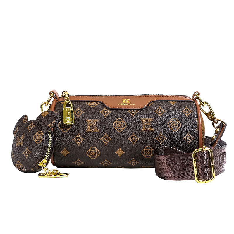 Valjkasta torba za rame s potiskom – retro dizajn, PU materijal, zatvarač, unutarnji džepovi za telefon i laminirani džep na zatvarač, bambusni čvor kao ukras, s jednom naramenicom