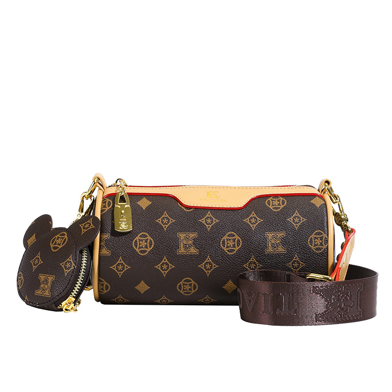 Valjkasta torba za rame s potiskom – retro dizajn, PU materijal, zatvarač, unutarnji džepovi za telefon i laminirani džep na zatvarač, bambusni čvor kao ukras, s jednom naramenicom