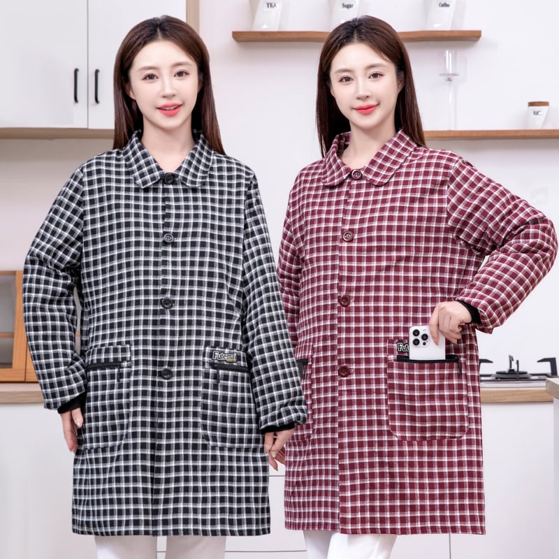 Ujjakkal ellátott kockás kötény poliészter-pamut anyagból, konyhai védelem a szennyeződés ellen, modern egyszerű stílus