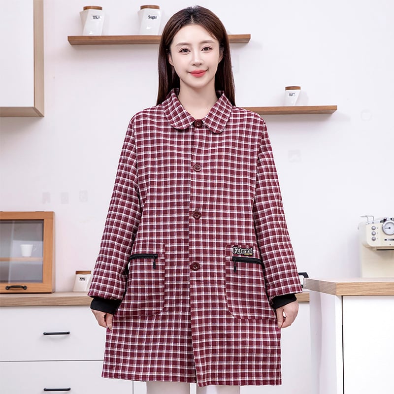 Ujjakkal ellátott kockás kötény poliészter-pamut anyagból, konyhai védelem a szennyeződés ellen, modern egyszerű stílus