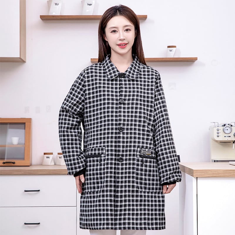Ujjakkal ellátott kockás kötény poliészter-pamut anyagból, konyhai védelem a szennyeződés ellen, modern egyszerű stílus