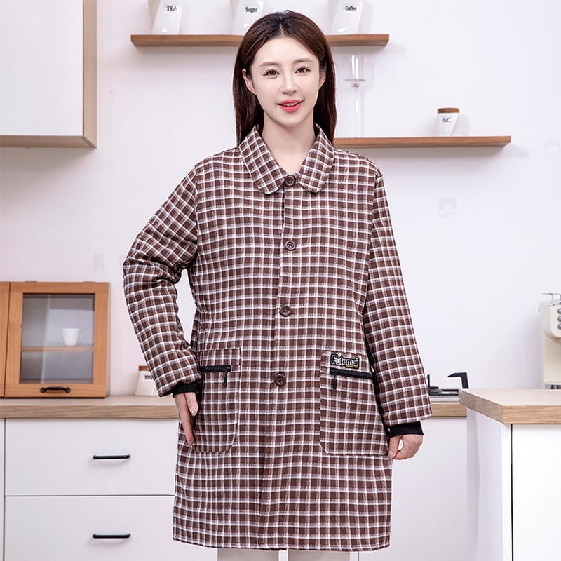 Ujjakkal ellátott kockás kötény poliészter-pamut anyagból, konyhai védelem a szennyeződés ellen, modern egyszerű stílus