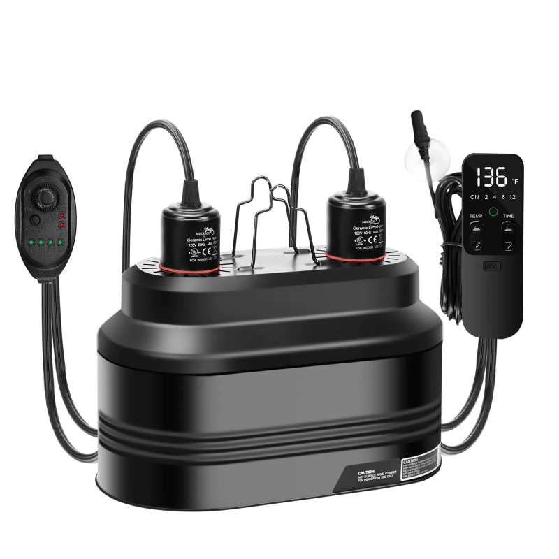 Két lámpabúrával rendelkező fűtő lámpa kisállatok és hüllők számára, alumíniumból, 160W, hőmérséklet-szabályozó és időzítő