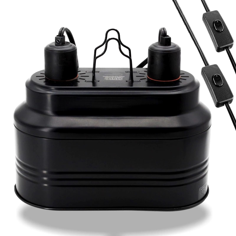 Két lámpabúrával rendelkező fűtő lámpa kisállatok és hüllők számára, alumíniumból, 160W, hőmérséklet-szabályozó és időzítő