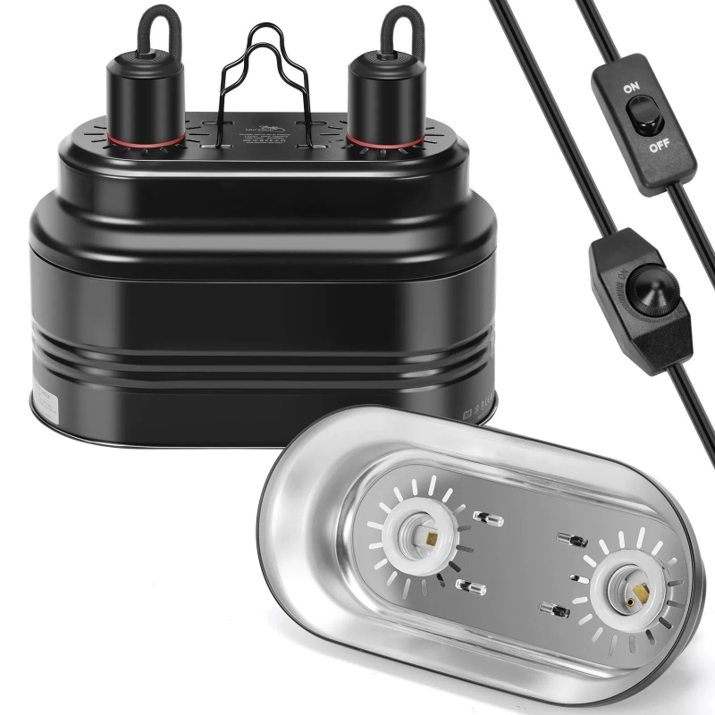 Két lámpabúrával rendelkező fűtő lámpa kisállatok és hüllők számára, alumíniumból, 160W, hőmérséklet-szabályozó és időzítő