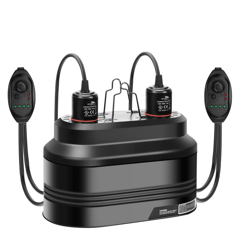 Két lámpabúrával rendelkező fűtő lámpa kisállatok és hüllők számára, alumíniumból, 160W, hőmérséklet-szabályozó és időzítő