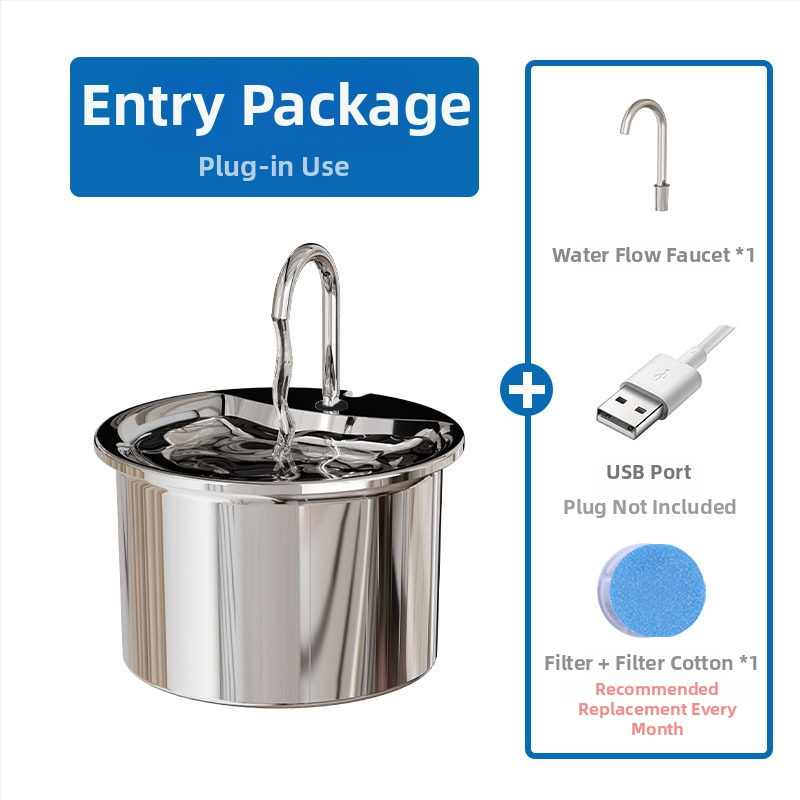 Fântână de apă pentru animale de companie din oțel inoxidabil — ciclu automat, funcționare silențioasă, design detașabil, model FT444, cod articol 2505KFZB3688, potrivit pentru pisici și câini