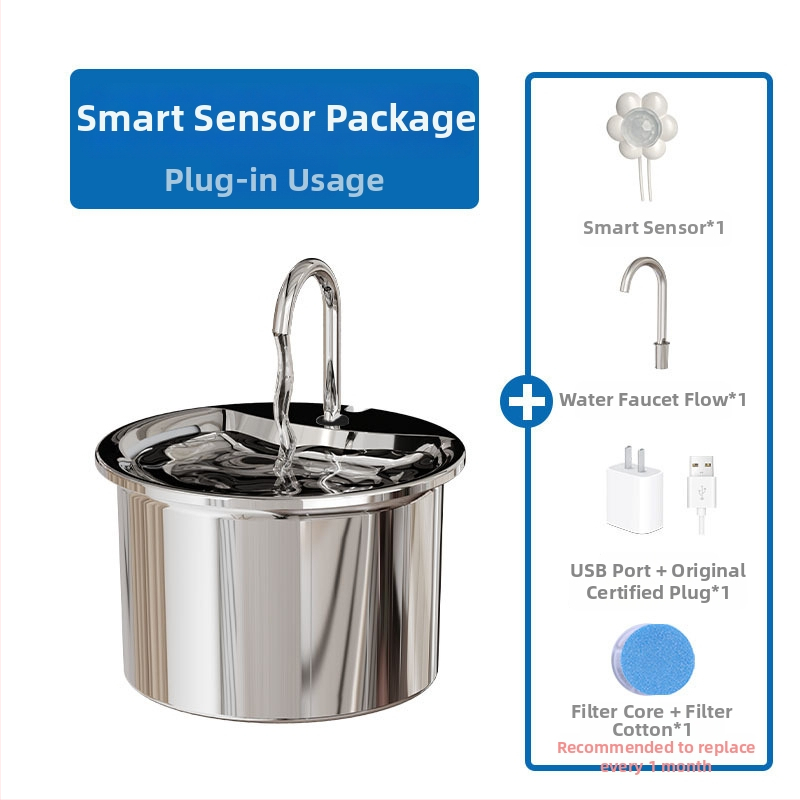 Fântână de apă pentru animale de companie din oțel inoxidabil — ciclu automat, funcționare silențioasă, design detașabil, model FT444, cod articol 2505KFZB3688, potrivit pentru pisici și câini