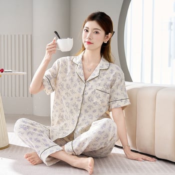 Női pizsama szett dupla pamut szállal, 3/4-es ujjú, rever gallér, vékony anyag 121–140 g/m², nadrág