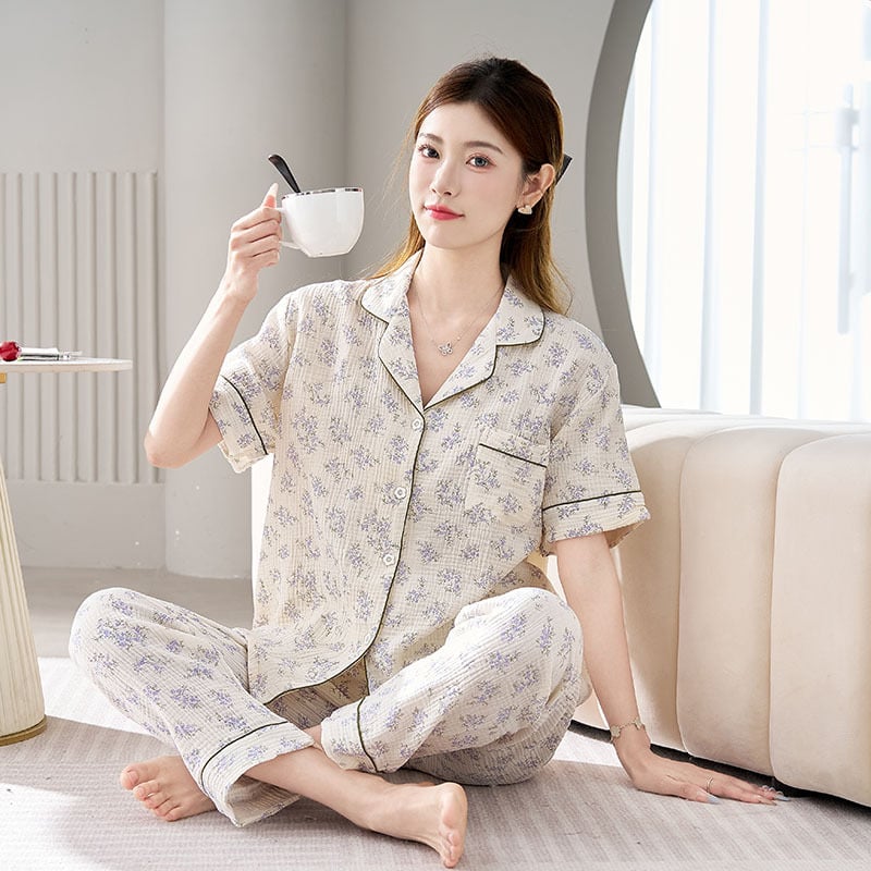 Női pizsama szett dupla pamut szállal, 3/4-es ujjú, rever gallér, vékony anyag 121–140 g/m², nadrág