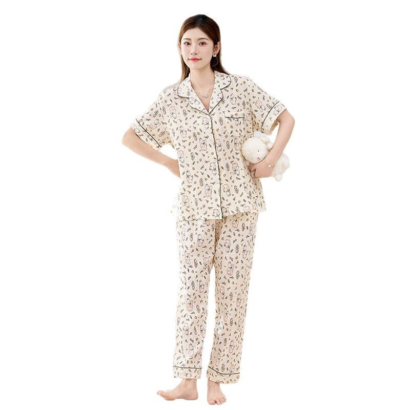 Női pizsama szett dupla pamut szállal, 3/4-es ujjú, rever gallér, vékony anyag 121–140 g/m², nadrág