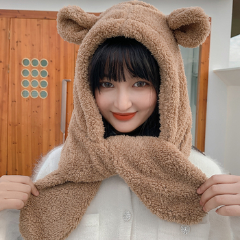 Σετ καπέλο με αυτιά αρκούδας και φουλάρι για γυναίκες - Χειμώνας, ενήλικες, ύφασμα Shu cotton wool, δύο τεμάχια, μονόχρωμο σχέδιο