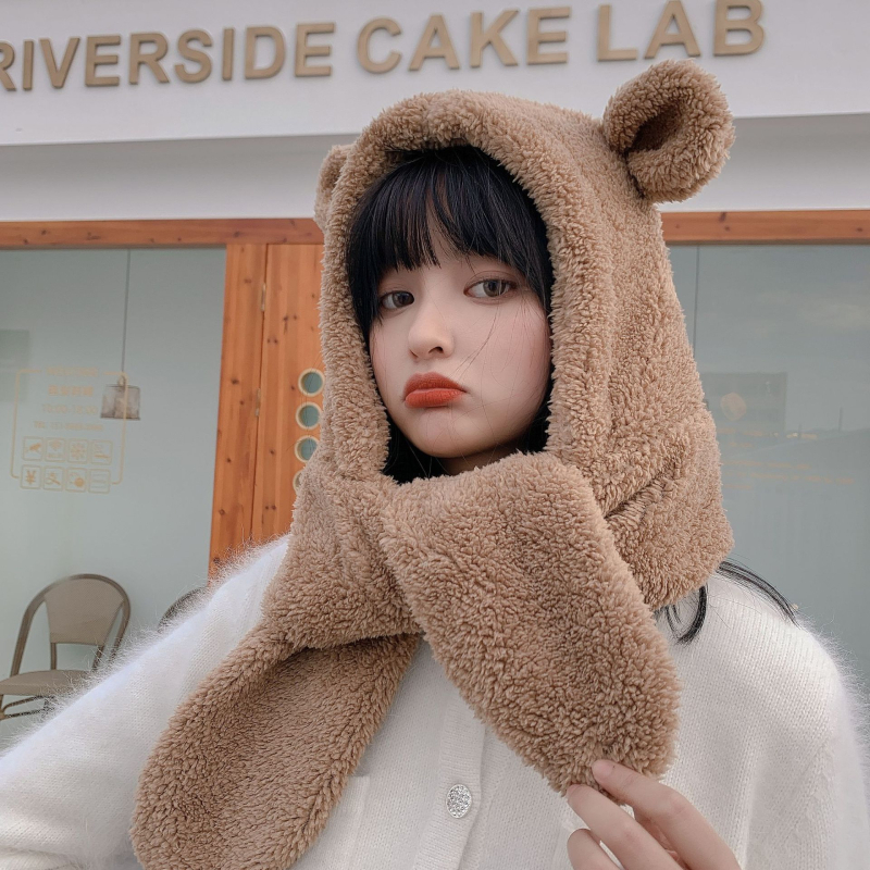 Σετ καπέλο με αυτιά αρκούδας και φουλάρι για γυναίκες - Χειμώνας, ενήλικες, ύφασμα Shu cotton wool, δύο τεμάχια, μονόχρωμο σχέδιο