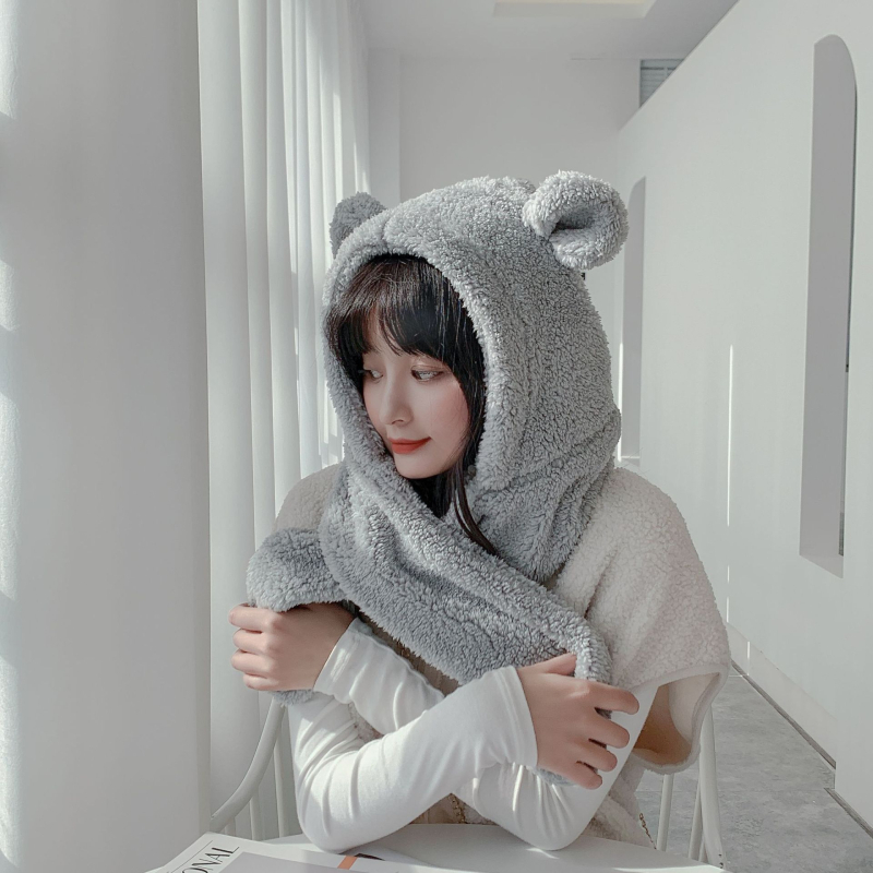 Σετ καπέλο με αυτιά αρκούδας και φουλάρι για γυναίκες - Χειμώνας, ενήλικες, ύφασμα Shu cotton wool, δύο τεμάχια, μονόχρωμο σχέδιο