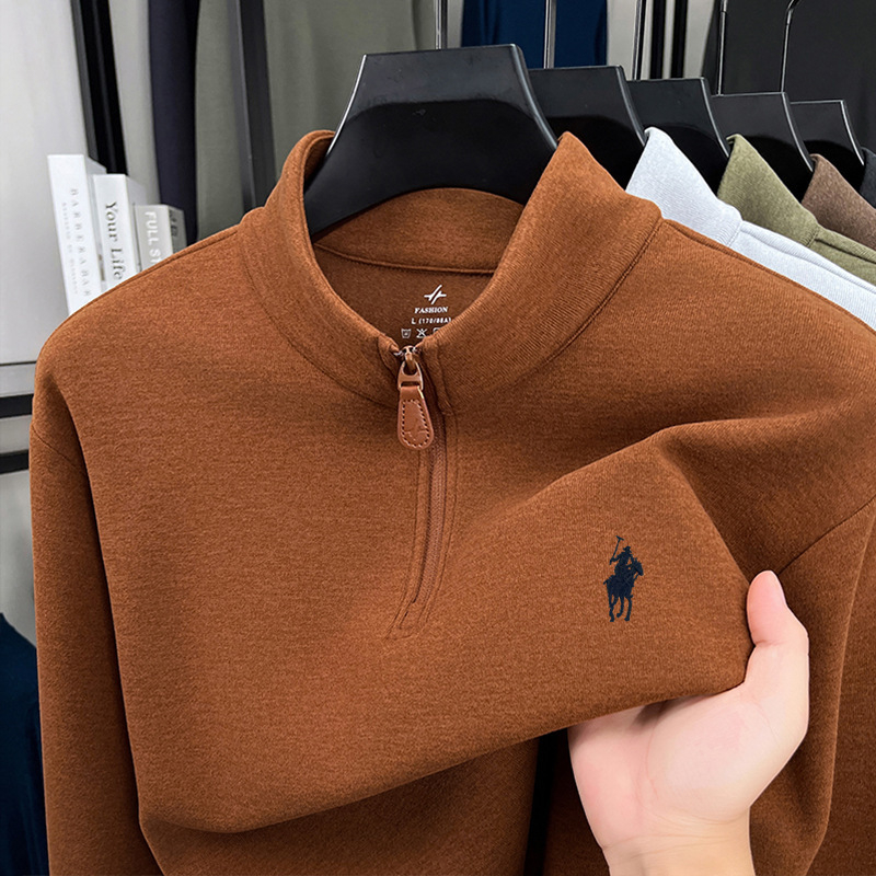 Férfi állású galléros cipzáros meleg alapréteg felső, kétoldalas velúr plüss belső, testhezálló