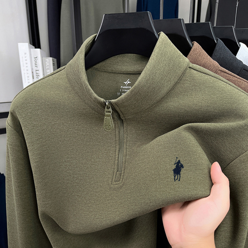 Férfi állású galléros cipzáros meleg alapréteg felső, kétoldalas velúr plüss belső, testhezálló