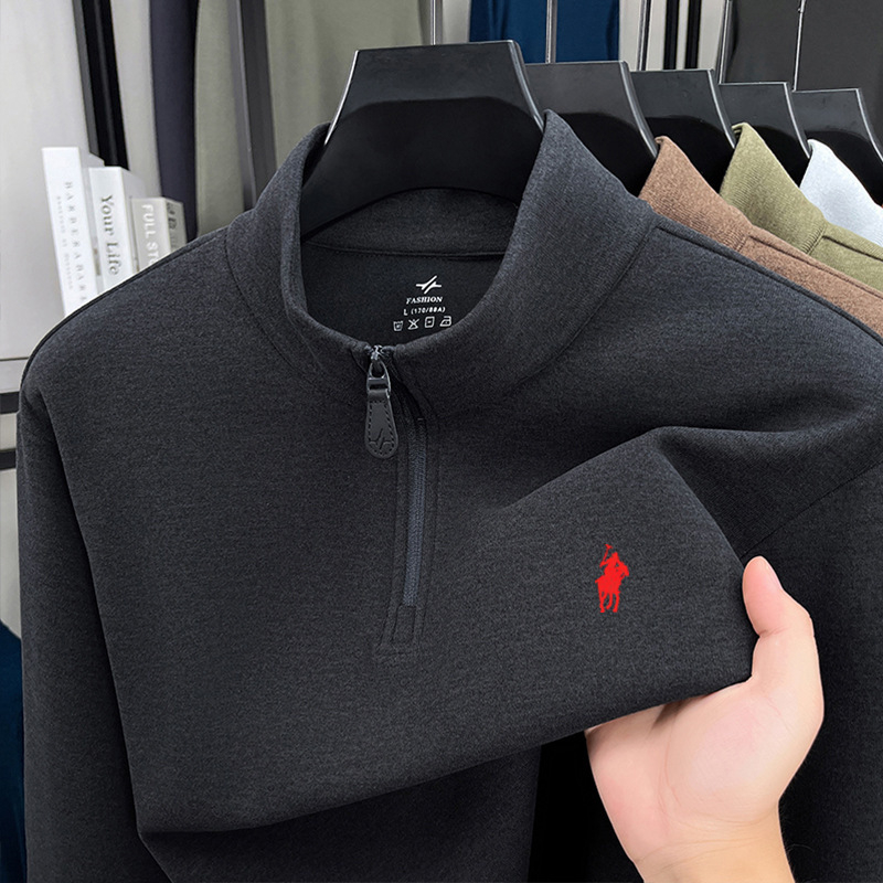 Férfi állású galléros cipzáros meleg alapréteg felső, kétoldalas velúr plüss belső, testhezálló