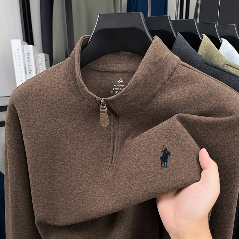 Férfi állású galléros cipzáros meleg alapréteg felső, kétoldalas velúr plüss belső, testhezálló