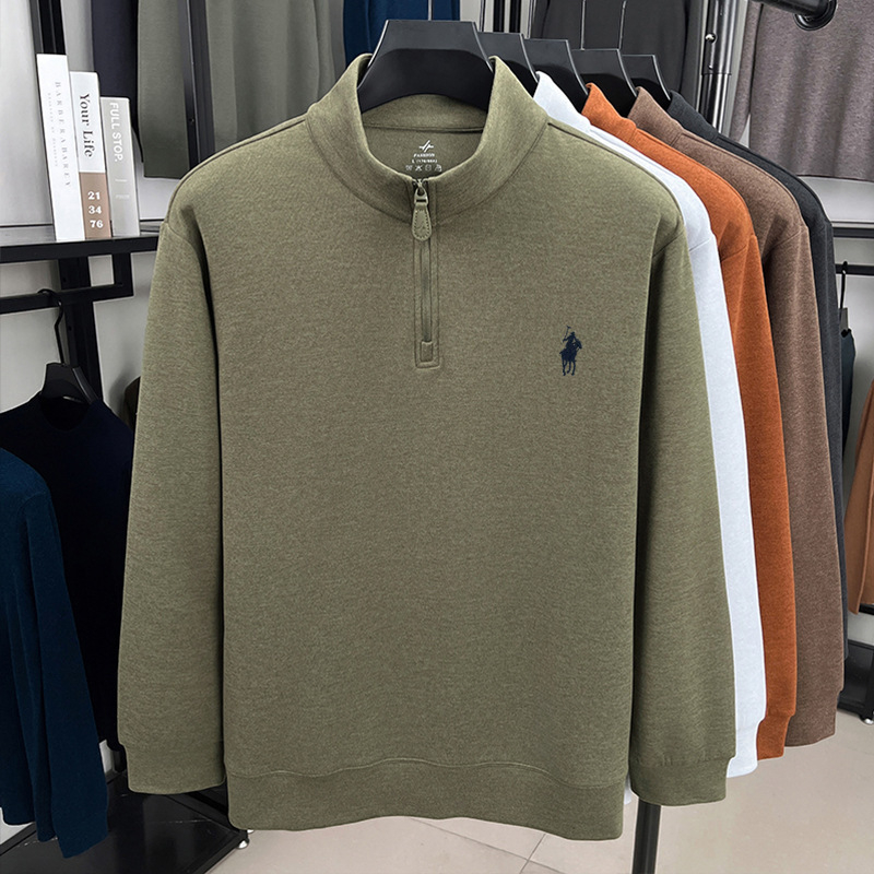 Férfi állású galléros cipzáros meleg alapréteg felső, kétoldalas velúr plüss belső, testhezálló