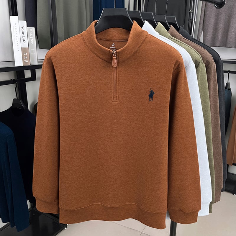 Férfi állású galléros cipzáros meleg alapréteg felső, kétoldalas velúr plüss belső, testhezálló