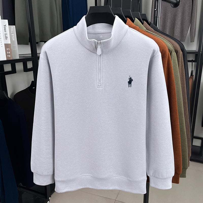 Férfi állású galléros cipzáros meleg alapréteg felső, kétoldalas velúr plüss belső, testhezálló