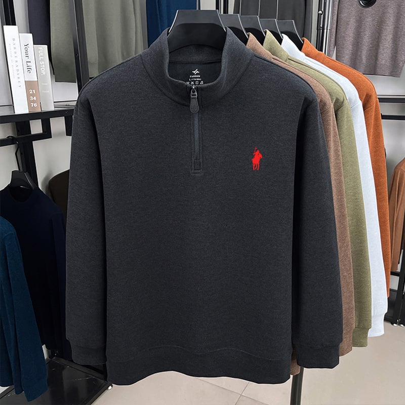 Férfi állású galléros cipzáros meleg alapréteg felső, kétoldalas velúr plüss belső, testhezálló