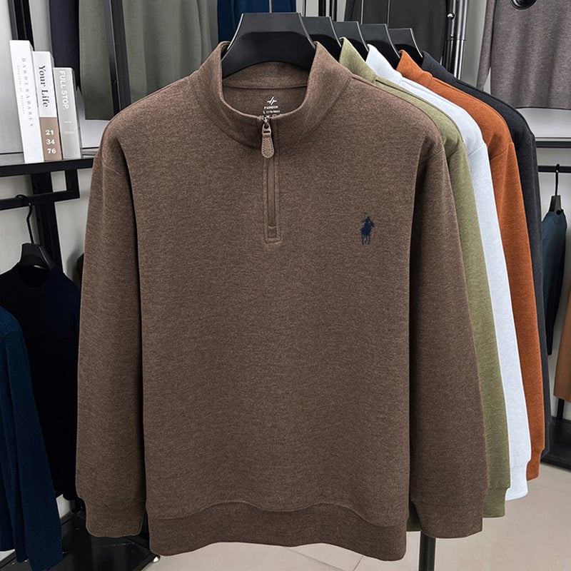 Férfi állású galléros cipzáros meleg alapréteg felső, kétoldalas velúr plüss belső, testhezálló