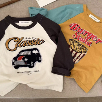 Gyerekeknek szóló póló, koreai stílusú, 100% pamut, hosszú ujjú, kerek nyakú, karikatúra mintázat