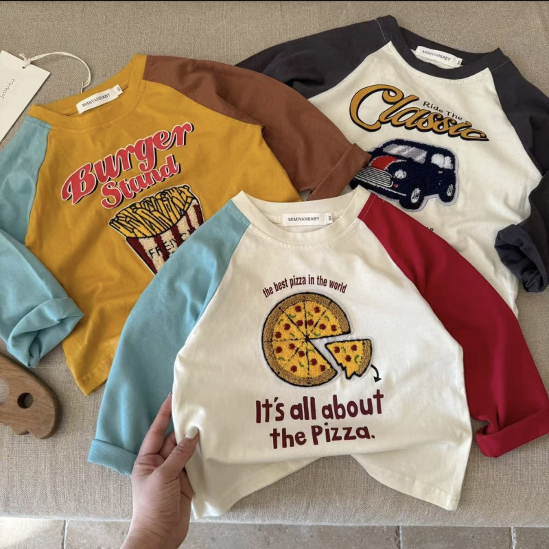 Gyerekeknek szóló póló, koreai stílusú, 100% pamut, hosszú ujjú, kerek nyakú, karikatúra mintázat