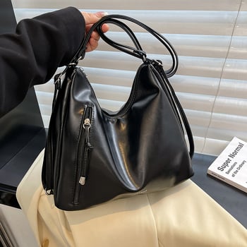 PU tote táska, városi egyszerű stílus, retro nagy kapacitás, cipzáras nyitás, poliészter bélés