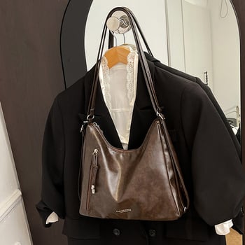 PU tote táska, városi egyszerű stílus, retro nagy kapacitás, cipzáras nyitás, poliészter bélés