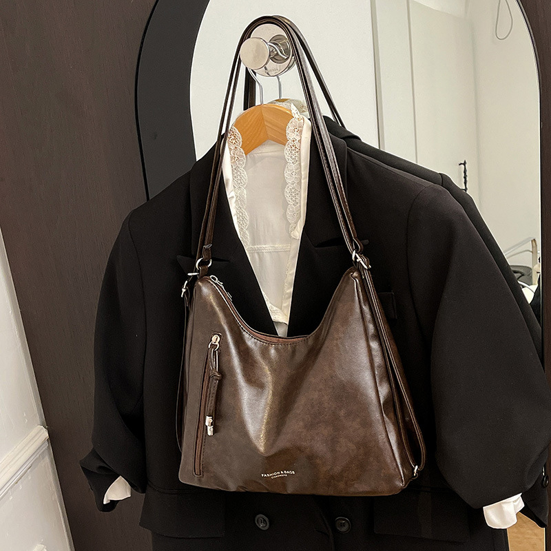 PU tote táska, városi egyszerű stílus, retro nagy kapacitás, cipzáras nyitás, poliészter bélés