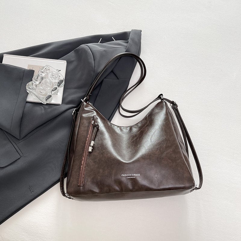 PU tote táska, városi egyszerű stílus, retro nagy kapacitás, cipzáras nyitás, poliészter bélés