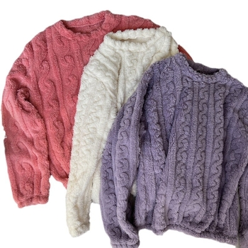 Női korall fleece pizsama felső, kerek nyakú, hosszú ujjú, vastag, meleg, poliészter 95–100%