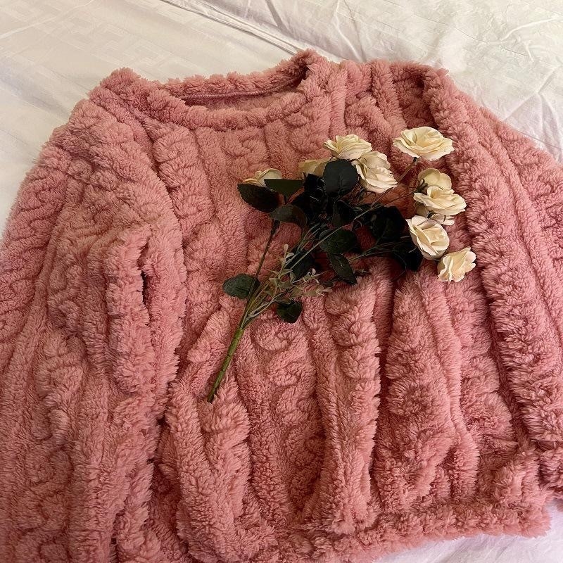 Női korall fleece pizsama felső, kerek nyakú, hosszú ujjú, vastag, meleg, poliészter 95–100%