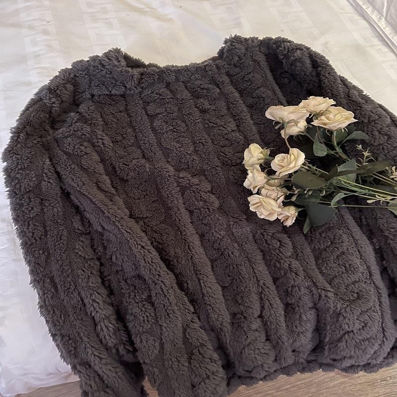 Női korall fleece pizsama felső, kerek nyakú, hosszú ujjú, vastag, meleg, poliészter 95–100%