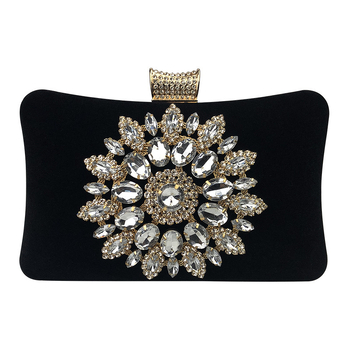 Mini bársony estélyi táska napraforgó motívummal és strasszokkal, PU bélés, téglalap alakú, kampó nyitású, telefonzsebbel