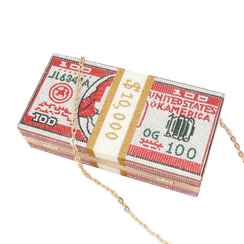 Medagi gyémántokkal díszített kis négyzet alakú estélyi táska; anyaga: poliészter; bélés: nylon; zárómechanizmus: zár; ID-kártya rekesz