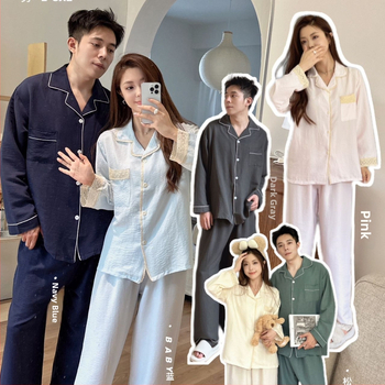 Páros pizsama szett, koreai stílusú tavaszra, hosszú ujjú, gallér, poliészter-pamut anyag, vékony, közepes súly 161–180 g/m2, kardigán stílusú és rajzfilm dizájn