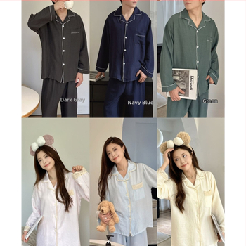 Páros pizsama szett, koreai stílusú tavaszra, hosszú ujjú, gallér, poliészter-pamut anyag, vékony, közepes súly 161–180 g/m2, kardigán stílusú és rajzfilm dizájn