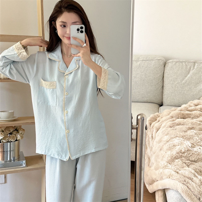 Páros pizsama szett, koreai stílusú tavaszra, hosszú ujjú, gallér, poliészter-pamut anyag, vékony, közepes súly 161–180 g/m2, kardigán stílusú és rajzfilm dizájn