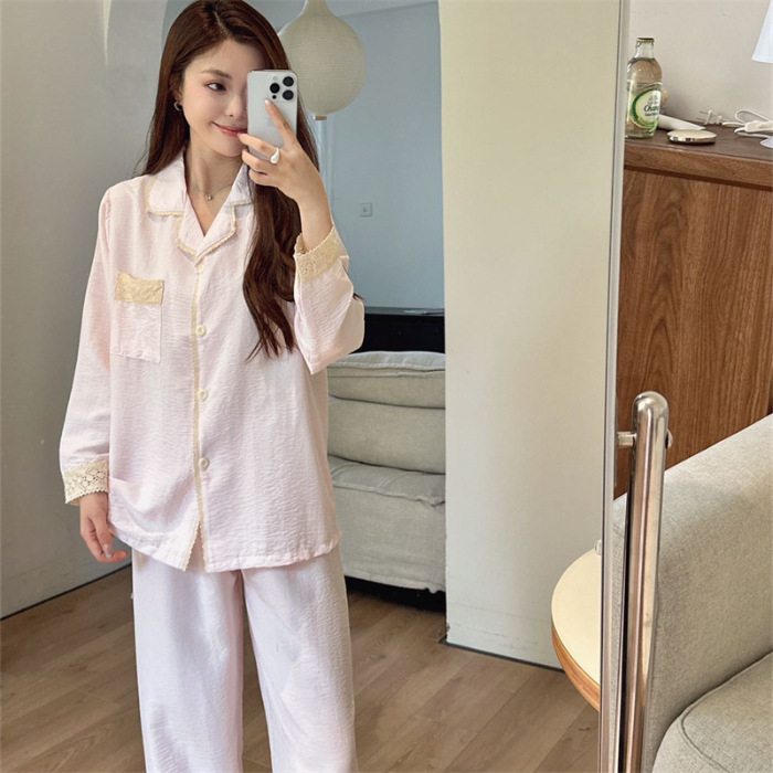 Páros pizsama szett, koreai stílusú tavaszra, hosszú ujjú, gallér, poliészter-pamut anyag, vékony, közepes súly 161–180 g/m2, kardigán stílusú és rajzfilm dizájn