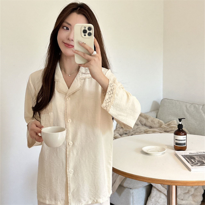 Páros pizsama szett, koreai stílusú tavaszra, hosszú ujjú, gallér, poliészter-pamut anyag, vékony, közepes súly 161–180 g/m2, kardigán stílusú és rajzfilm dizájn