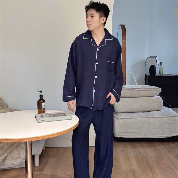 Páros pizsama szett, koreai stílusú tavaszra, hosszú ujjú, gallér, poliészter-pamut anyag, vékony, közepes súly 161–180 g/m2, kardigán stílusú és rajzfilm dizájn