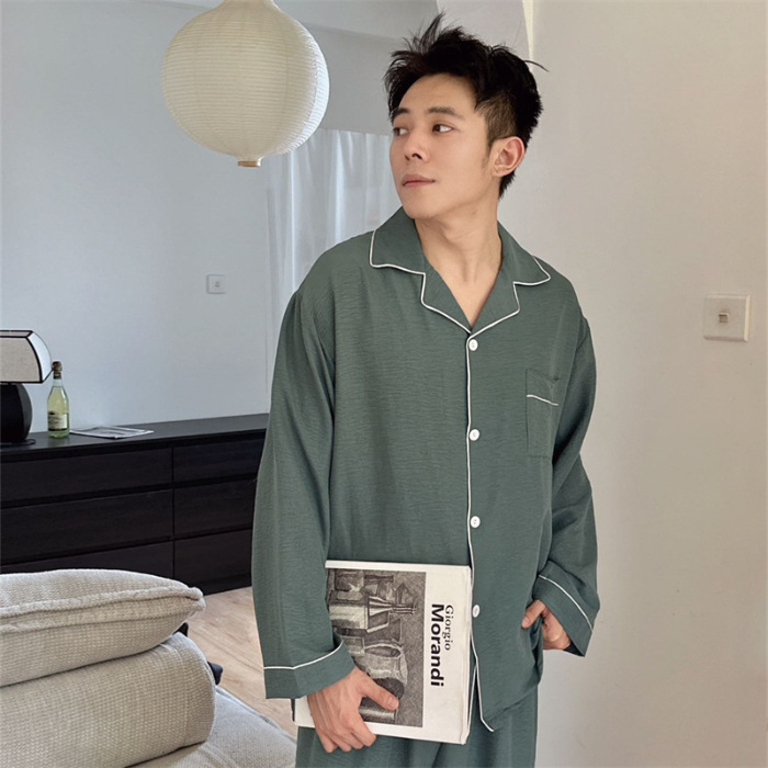 Páros pizsama szett, koreai stílusú tavaszra, hosszú ujjú, gallér, poliészter-pamut anyag, vékony, közepes súly 161–180 g/m2, kardigán stílusú és rajzfilm dizájn