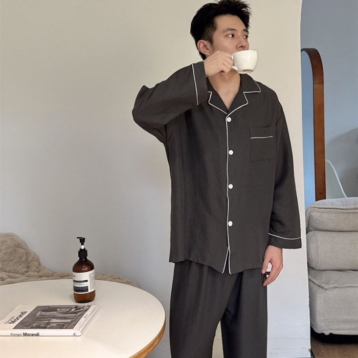 Páros pizsama szett, koreai stílusú tavaszra, hosszú ujjú, gallér, poliészter-pamut anyag, vékony, közepes súly 161–180 g/m2, kardigán stílusú és rajzfilm dizájn